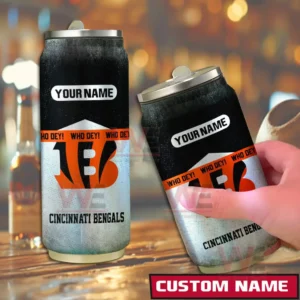 Two custom Cincinnati Bengals can shaped tumblers placed on a wooden bar surface with team graphics and a name panel!