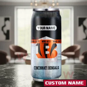 Cincinnati Bengals NFL Personalized Can Tumbler 5 A custom Cincinnati Bengals can shaped tumbler positioned inside a living room with striking team colors and a space for name personalization!