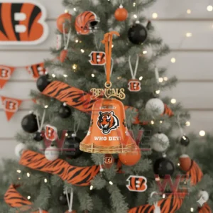 Cincinnati Bengals NFL Who Dey Christmas Bell Ornament 4 An orange and gold Cincinnati Bengals bell ornament with winter accents hanging on a Christmas tree!