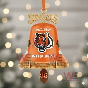 Cincinnati Bengals NFL Who Dey Christmas Bell Ornament 5 A close up of an orange Cincinnati Bengals holiday bell ornament with paw prints snowflakes and a football charm!