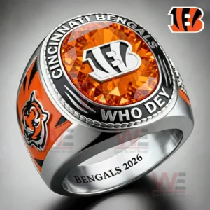 Cincinnati Bengals fan ring with orange gemstone center silver structure and tiger inspired logo symbolizing strength passion and football dedication!