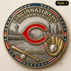 A detailed round commemorative coin with baseball symbols city architecture and classic team identity displayed in a polished metal finish!