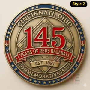 Cincinnati Reds 145th Anniversary Commemorative Coin 3 A baseball commemorative coin design with a prominent milestone number decorative borders and engraved details symbolizing team heritage!