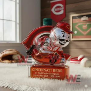 A mascot themed bottle shaped like a running baseball figure with a red C background standing on a white rug in a baseball decorated room!