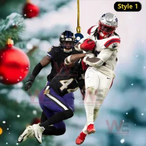 Patriots player in white is tackled by a Ravens defender with a gold ornament string above and holiday themed background.