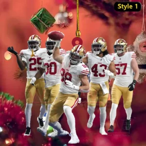 San Francisco 49ers players posed in front of a Christmas themed background with ornaments and warm holiday colors.