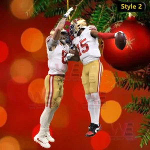 Classic San Francisco 49ers ornament 3 Two San Francisco 49ers players celebrating as a hanging ornament scene with a Christmas background and pine branches.