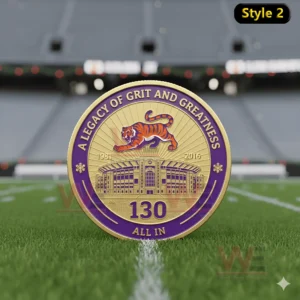 Clemson Tigers 130th Anniversary Commemorative Coin 3 Commemorative coin with leaping tiger radiant background stadium illustration and purple gold border on a football field!