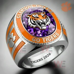 Clemson Tigers orange and silver ring with purple gemstone face and tiger emblem.