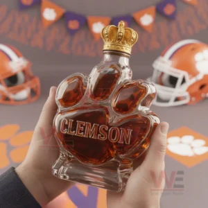Hands holding a paw shaped bottle with warm amber tones and celebratory background elements!