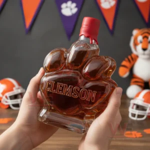 Clemson Tigers Logo Whiskey Bottle 8 Hands holding a paw shaped bottle with amber liquid against a decorated sports themed backdrop!