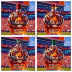 Four Clemson tiger head bottles each with a different cap style shown in a stadium backdrop!