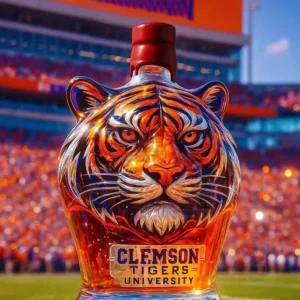 A Clemson tiger head bottle with a red top shown in a stadium!