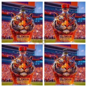 Four Clemson tiger themed bottles each with a distinct cap design shown in a stadium setting!