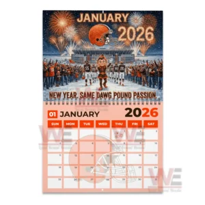 Cleveland Browns mascot and players on snowy field with fireworks for January 2026.