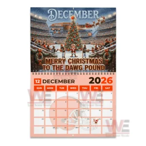 Cleveland Browns 2026 Wall Calendar 7 Christmas tree at midfield with mascot and players in snowy stadium for December 2026.