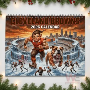 Cleveland Browns 2026 Wall Calendar 9 Cleveland Browns mascot and bulldog running across snowy field in front of stadium for 2026 calendar.