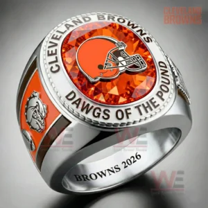 Silver and orange Cleveland Browns championship ring with a large orange gemstone look center football helmet emblem and detailed team inspired design!