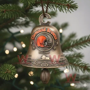 A close up of a bronze Cleveland Browns holiday bell ornament with engraved motifs snowflakes and a hanging football charm!