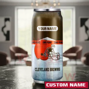 Cleveland Browns NFL Personalized Can Tumbler 5 A custom Cleveland Browns can shaped tumbler placed in a living room setting with strong team colors and a space for text personalization!