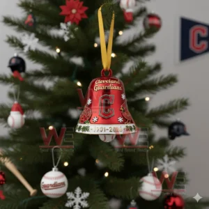 A red Cleveland Guardians anniversary bell ornament with floral snowflake and team details hanging on a decorated Christmas tree!