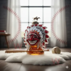 A decorative bottle with a bold headdress design standing on a fluffy rug near a baseball bat and ball!