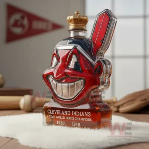 A decorative face shaped bottle with a crown top placed on a white rug near baseball equipment!
