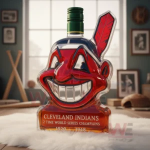 Cleveland Indians 2 Time World Series Champions Custom Whiskey Bottle 6 A stylized face shaped bottle resting on a soft surface with classic baseball items around it!