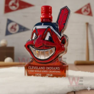 Cleveland Indians 2 Time World Series Champions Custom Whiskey Bottle 7 A face shaped bottle presented on a white rug with sports items visible behind it!