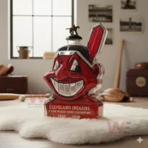 Cleveland Indians 2 Time World Series Champions Custom Whiskey Bottle 8 A character face bottle standing on a fluffy surface with classic sports decor in the background!