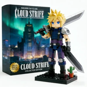 Brick warrior figure with blond hair and a massive sword posed on a display base beside a collector edition box with a glowing city background!