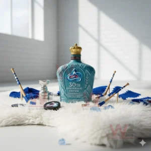 A blue Colorado bottle is displayed on a white rug with hockey props arranged around it!