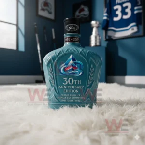 A blue Colorado bottle is placed on a white rug with a flag and hockey items behind it!