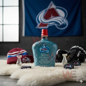 A blue Colorado bottle sits on a white rug with jerseys and wall art in the background!