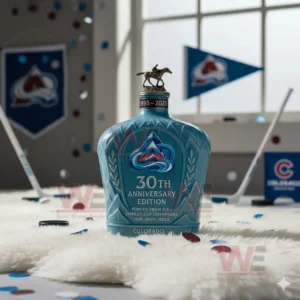 A blue Colorado bottle is displayed on a white surface with confetti and hockey props around it!