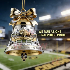 Gold football themed bell ornament with buffalo mascot and stadium artwork hanging inside a football stadium!