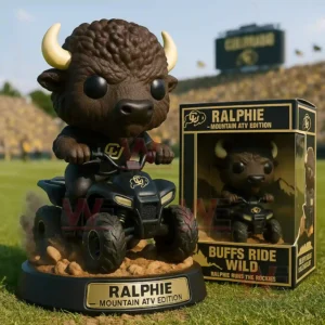 Buffalo mascot figure riding a mountain vehicle on a football field with a themed display box!