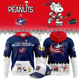 Navy and red Columbus Blue Jackets Peanuts hoodie shown front and back with Snoopy hockey artwork large team logo and comic style graphics on the lower area.