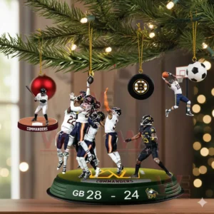 Commanders vs Bears Bears defense jumping for ball Ornament 4 Sports tree ornaments with football player display and various sports items.