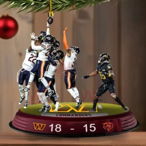 Commanders vs Bears Bears defense jumping for ball Ornament 5 Football players jumping for a ball on a decorative base with team score.
