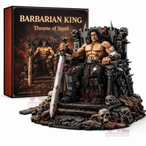 Fantasy building block figure of a barbarian king on a steel throne with skull details and dramatic design!