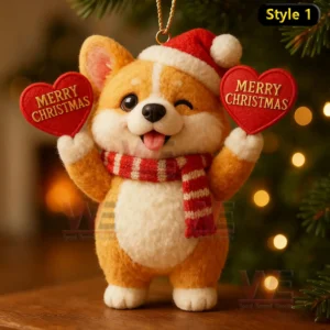 A corgi in a Santa hat holding two Christmas hearts with a warm festive background!