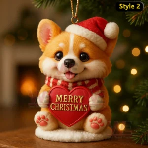 A seated corgi in a Santa hat holding a Christmas heart against a warm festive background!