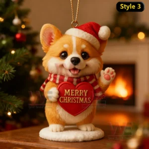 A corgi standing with a Christmas heart in a warm holiday environment!```