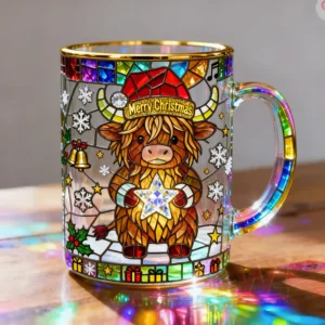 A vibrant glass mug with a highland cow in a Christmas hat holding a glowing star among festive stained glass designs!