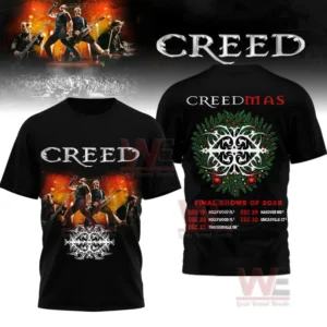 Black Creed band shirt showing a live concert performance on the front and a holiday themed Creedmas design with tour information on the back!