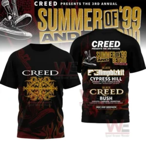 Creed band shirt with black fabric silver logo live concert photo on front and holiday themed tour design on back!