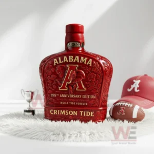 Crimson Tide Alabama 195th Anniversary Roll Tide Forever Whiskey Bottle 4 Decorative Alabama themed whiskey bottle placed with football accessories on a white surface!
