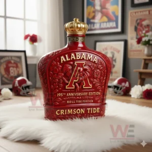 Crimson Tide Alabama 195th Anniversary Roll Tide Forever Whiskey Bottle 5 Luxury crimson whiskey bottle with crown top showcased in a stylish room setting!