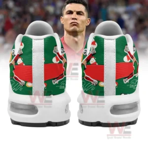 Cristiano Ronaldo Air Max Plus TN Shoes 7 Rear angle of green and red Christmas CR7 shoes with festive graphics and a player image in the background!